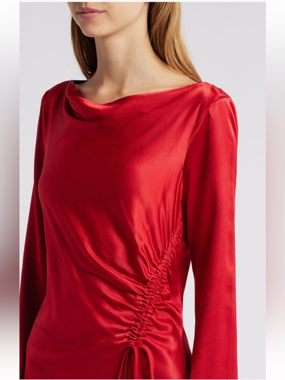 Rails Alessandra Long-Sleeve Ruched Satin Dress In Scarlet - Picture 4 of 8